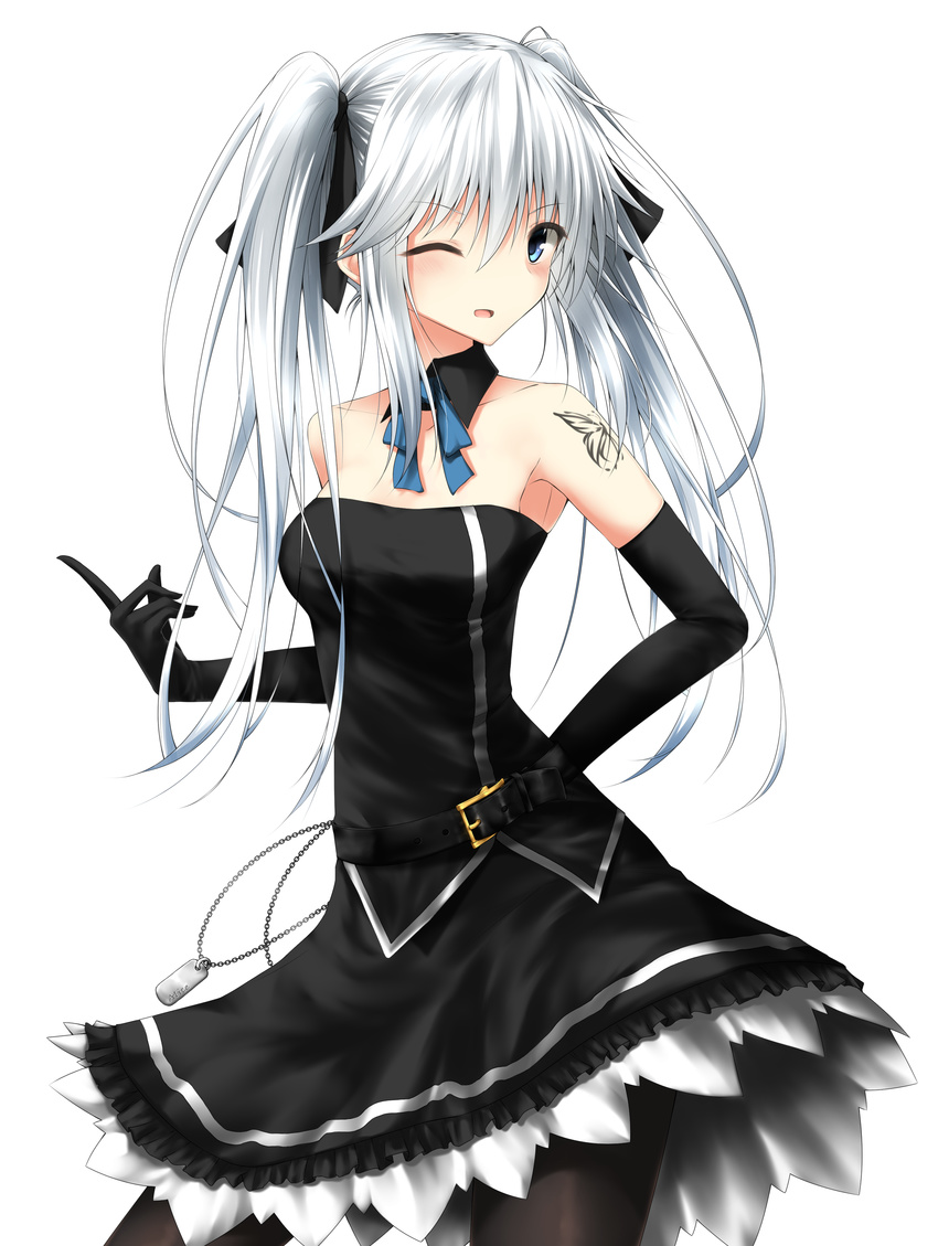 absurdres arm_tattoo bare_shoulders black_legwear blue_eyes cowboy_shot detached_sleeves dress elbow_gloves gloves hair_ribbon highres looking_at_viewer mage_(335656) one_eye_closed original pantyhose ribbon simple_background solo standing strapless strapless_dress tattoo twintails white_hair