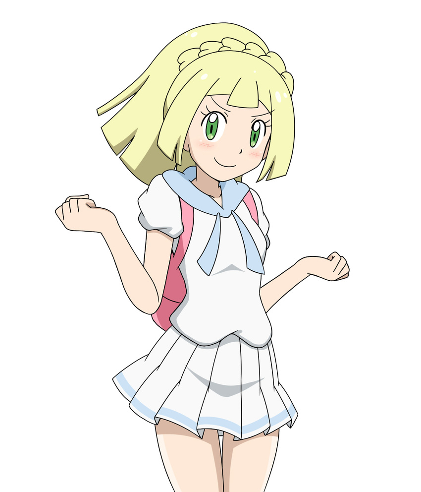 blonde_hair blush clenched_hands green_eyes highres kuro_hopper lillie_(pokemon) outstretched_wrists pokemon pokemon_(game) pokemon_sm skirt smile solo w_arms