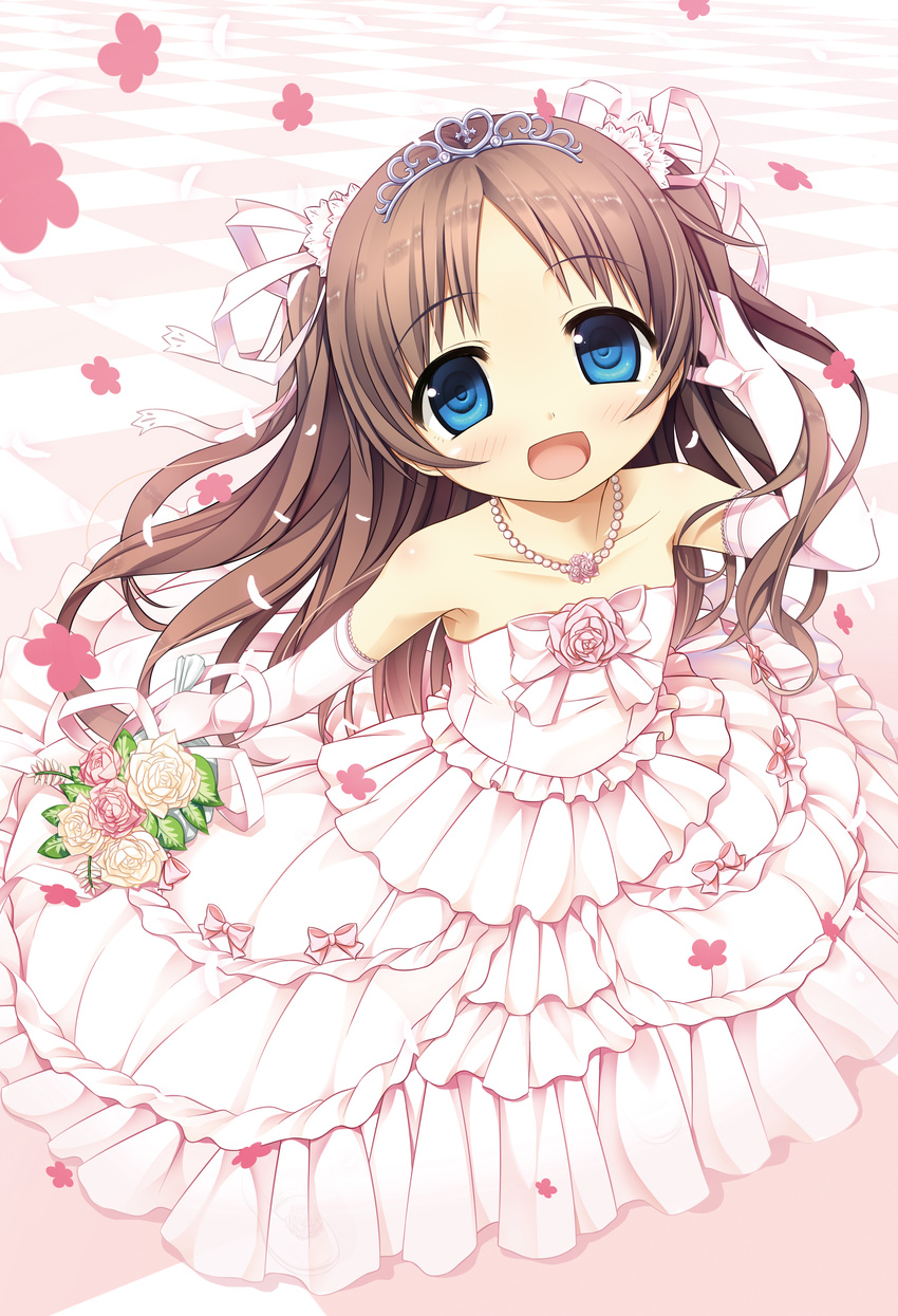 :d absurdres bangs bare_shoulders blue_eyes blush bouquet bow bride brown_hair checkered checkered_floor collarbone cura dress elbow_gloves eyebrows_visible_through_hair flower full_body gloves hair_ribbon head_tilt highres holding holding_bouquet jewelry long_hair looking_at_viewer monobeno necklace open_mouth pearl_necklace petals pink_bow pink_dress pink_gloves pink_ribbon ribbon sawai_natsuha see-through shoes smile solo standing strapless strapless_dress tiara two_side_up very_long_hair wedding_dress