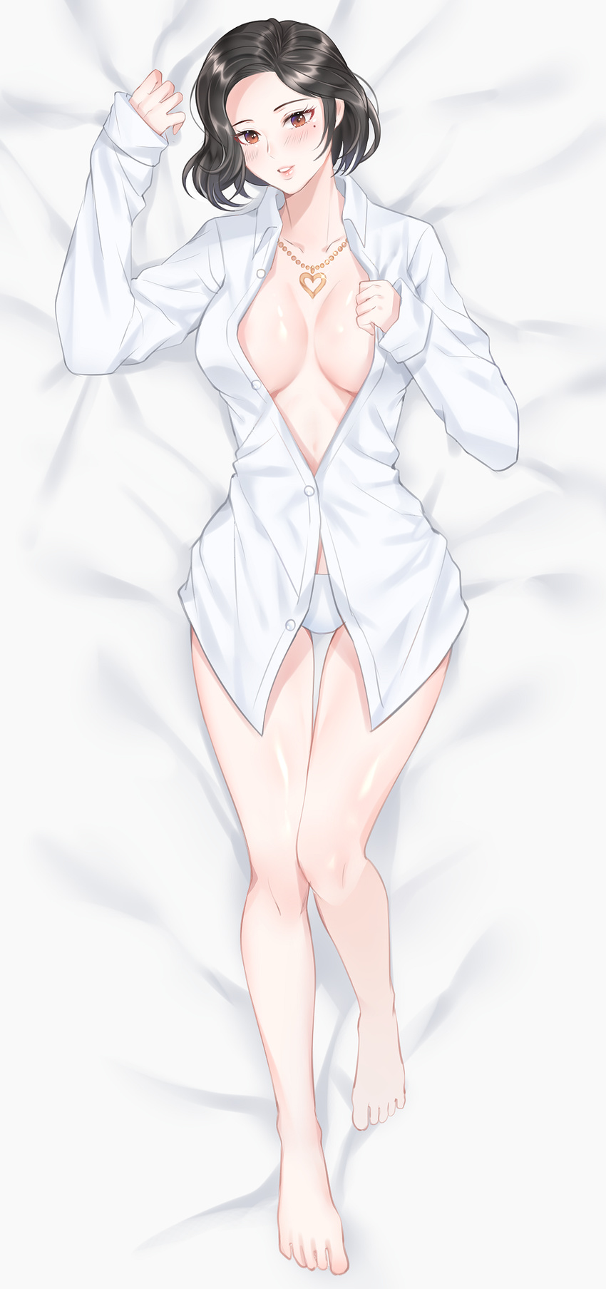 barefoot bed_sheet black_hair blade_&amp;_soul blush breasts cleavage commission dakimakura from_above full_body heart heart_necklace highres long_sleeves looking_at_viewer lying medium_breasts mole mole_under_eye no_shoes on_back parted_lips red_eyes shirt short_hair solo ubi_(ekdus6080) white_background white_shirt