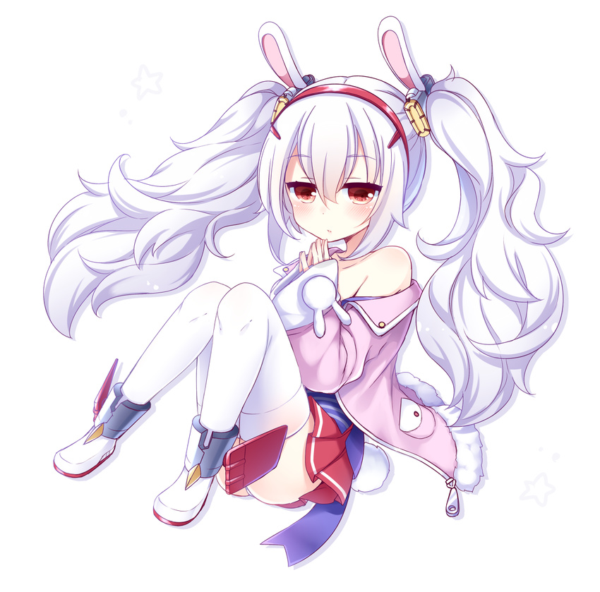 :/ animal_ears azur_lane bare_shoulders blush boots bunny_ears bunny_tail closed_mouth collarbone eyebrows_visible_through_hair full_body hair_between_eyes hairband jacket laffey_(azur_lane) long_hair looking_at_viewer off_shoulder open_clothes open_jacket pink_jacket pleated_skirt red_eyes red_skirt sanotsuki simple_background sitting skirt sleeves_past_wrists solo steepled_fingers tail thigh_boots thighhighs twintails very_long_hair white_background white_footwear
