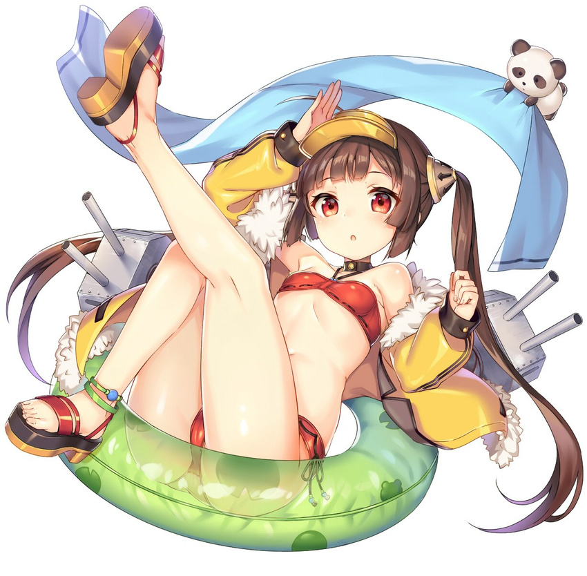 :o arm_above_head azur_lane bandeau bangs bare_legs bare_shoulders bikini blunt_bangs breasts brown_hair collar fingernails full_body fur_collar green_innertube hand_up highres innertube jacket knees_up leg_up long_sleeves looking_at_viewer lying mokyu panda ping_hai_(azur_lane) red_bikini red_eyes sandals sidelocks simple_background small_breasts solo swimsuit toenails towel twintails visor_cap white_background