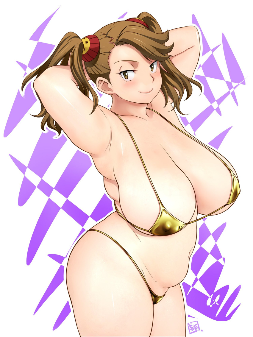 10s 1girl armpits arms_behind_head arms_up bikini breasts brown_eyes brown_hair cleavage erect_nipples female gold_bikini gundam gundam_build_fighters gundam_build_fighters_try huge_breasts long_hair looking_at_viewer plump sazaki_kaoruko shoumaru_(gadget_box) smile solo swimsuit twintails