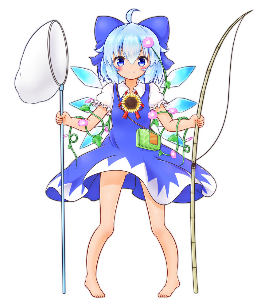 &gt;:) absurdres ahoge ass_visible_through_thighs barefoot blue_bow blue_dress blue_eyes blue_hair blush bow butterfly_net cirno dress fishing_rod flower frilled_sleeves frills full_body hair_between_eyes hair_bow hair_flower hair_ornament hand_net hidden_star_in_four_seasons highres ice ice_wings looking_at_viewer mofu_mofu morning_glory neck_ribbon puffy_short_sleeves puffy_sleeves red_ribbon ribbon short_hair short_sleeves solo sparkling_eyes sunflower tan tanned_cirno touhou v-shaped_eyebrows white_background wings