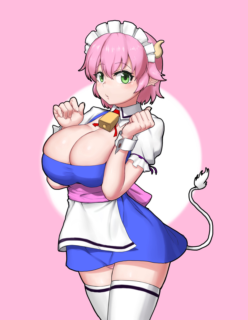 :o absurdres apron bad_id bad_pixiv_id blue_dress breast_squeeze breasts cleavage commission cow_horns cow_tail detached_collar dress dungbae elfleda_mirjasdottir green_eyes highres horns huge_breasts looking_at_viewer lotte_no_omocha! maid maid_headdress microdress panties pink_hair pink_panties pointy_ears sash short_hair skindentation solo tail tail_raised thighhighs underwear waist_apron white_legwear wrist_cuffs