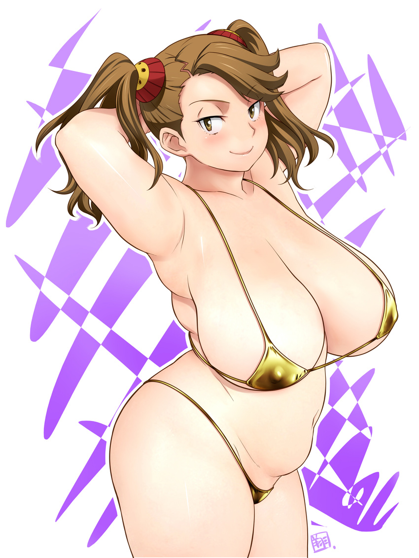 armpits arms_up belly bikini breasts brown_eyes brown_hair cleavage covered_nipples gold_bikini gundam gundam_build_fighters gundam_build_fighters_try highres huge_breasts long_hair looking_at_viewer navel plump raised_eyebrows sagging_breasts sazaki_kaoruko shoumaru_(gadget_box) smile solo swimsuit twintails