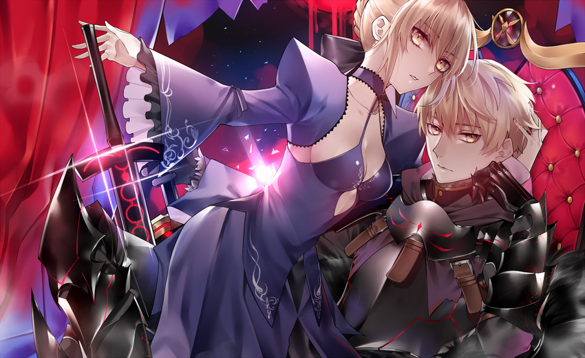 1girl arm_up arthur_pendragon_(fate) artoria_pendragon_(all) bad_id bad_pixiv_id bangs blonde_hair dark_excalibur eyebrows_visible_through_hair fate_(series) glint highres ichinosenen looking_at_viewer parted_lips saber_alter sidelocks tsurime yellow_eyes