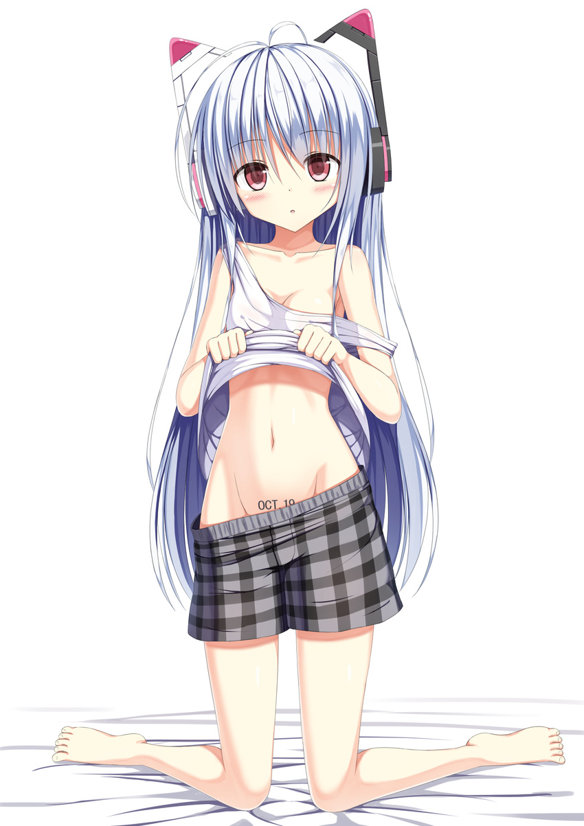 :o animal_ears antenna_hair bangs bare_arms barefoot bed_sheet blush boxers boxers_pull breasts cat_ear_headphones cat_ears collarbone commentary_request covered_nipples dated eyebrows_visible_through_hair fake_animal_ears full_body groin hair_between_eyes head_tilt headphones highres kneeling kurimu_(crim_soda) lifted_by_self long_hair looking_at_viewer navel original parted_lips plaid red_eyes shirt shirt_lift silver_hair simple_background sleeveless sleeveless_shirt small_breasts solo toenails underwear very_long_hair white_background white_shirt