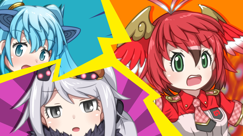 :o bad_id bad_nicoseiga_id black_eyes blue_eyes blue_hair brown_hair eyebrows_visible_through_hair fur_collar genbu_(kemono_friends) green_eyes hair_between_eyes head_wings japari_symbol japari_symbol_print kemono_friends looking_at_viewer multicolored_hair multiple_girls necktie open_mouth plaid_neckwear seiryuu_(kemono_friends) short_sleeves silver_hair suzaku_(kemono_friends) twintails vostok_(vostok061)