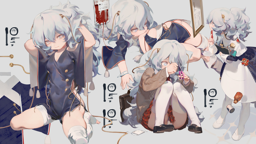 adjusting_hair alternate_costume arm_support arms_up bag bandaged_leg bandages barefoot black_dress black_footwear blood blue_eyes bottle brown_sweater clipboard cutting_hair double-breasted dress form_fitting full_body girls_frontline grey_background hair_between_eyes hand_on_own_chin hands_in_hair hip_vent knees_up loafers long_hair long_sleeves lying multiple_views nurse panties pantyhose pantyshot pantyshot_(sitting) pen pen_to_chin plaid plaid_skirt pleated_skirt profile red_skirt rei_(sanbonzakura) ribbed_sweater ribeyrolles_1918_(girls_frontline) school_briefcase school_uniform scissors shoes short_dress simple_background sitting skirt standing sweater underwear upskirt very_long_hair wariza wavy_hair white_dress white_hair white_panties wide_sleeves wristband