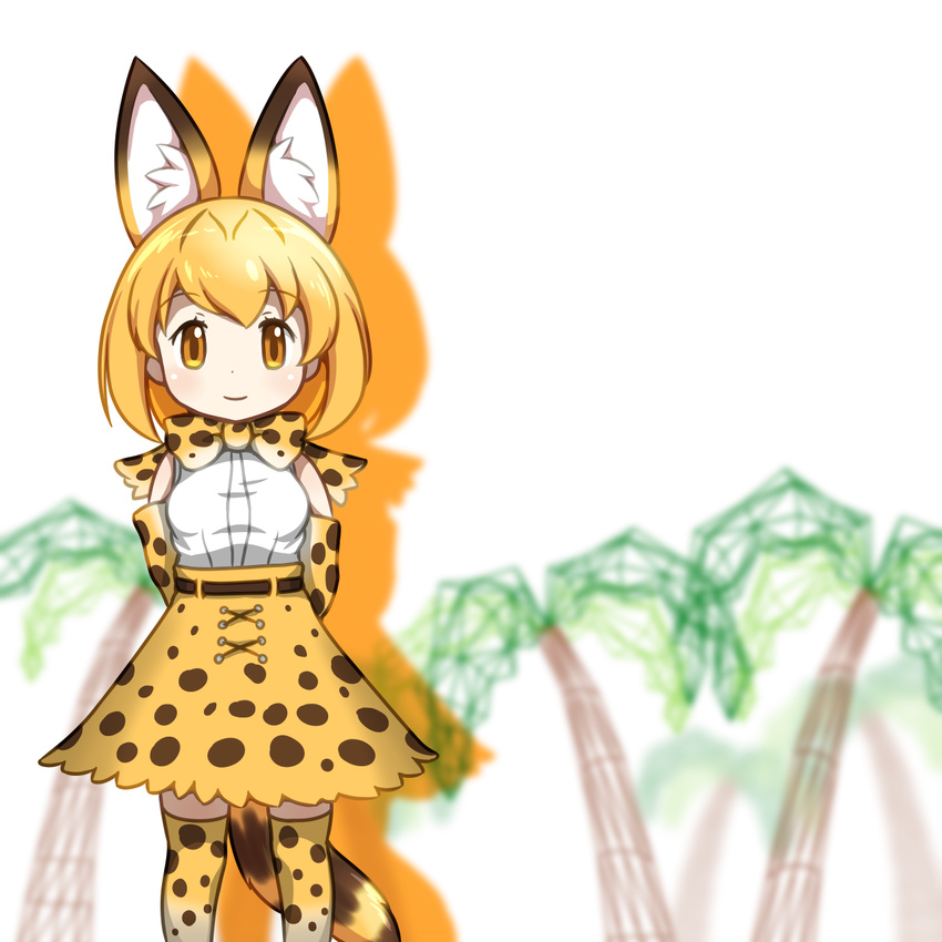 animal_ears arms_behind_back bad_id bad_nicoseiga_id belt blonde_hair blurry blurry_background bow bowtie elbow_gloves extra_ears eyebrows_visible_through_hair gloves high-waist_skirt highres kemono_friends looking_at_viewer palm_tree parody print_gloves print_legwear print_neckwear print_skirt serval_(kemono_friends) serval_ears serval_print serval_tail shirt skirt sleeveless sleeveless_shirt solo tail thighhighs tree vostok_(vostok061) yellow_eyes yellow_gloves yellow_legwear yellow_neckwear yellow_skirt zettai_ryouiki