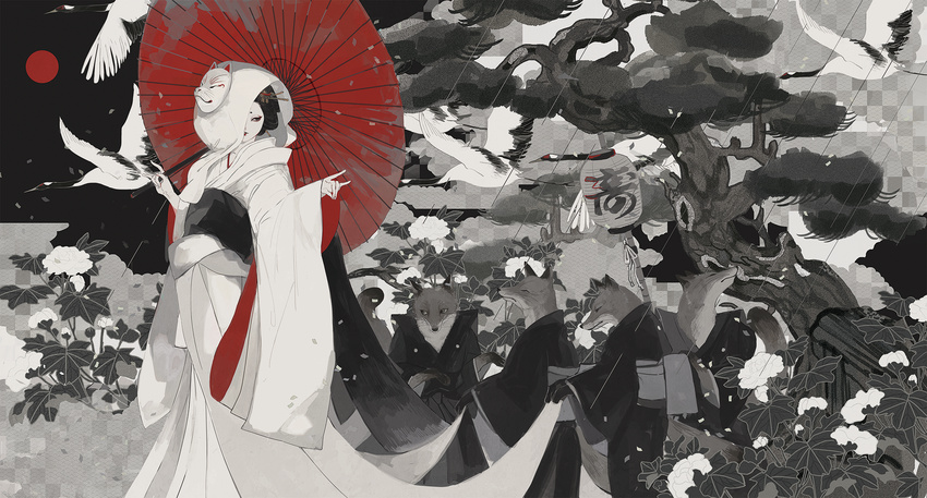 animal bird black_hair clothed_animal crane_(animal) fine_art_parody fox fox_mask fox_shadow_puppet full_moon geisha hair_ornament hairpin highres holding holding_umbrella hood japanese_clothes kimono kitsune long_sleeves looking_to_the_side mask moon naga-no nihonga obi oriental_umbrella original outdoors parody sash smile solo_focus spot_color susohiki tree uchikake ukiyo-e umbrella white_kimono white_skin wide_sleeves