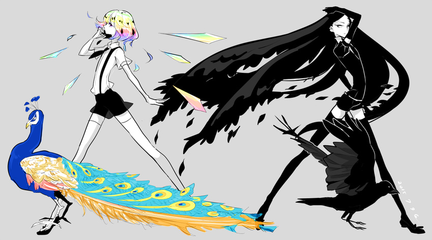 androgynous bird black_gloves black_hair black_legwear black_neckwear bort cojimama crow dated diamond_(houseki_no_kuni) elbow_gloves gem_uniform_(houseki_no_kuni) gloves houseki_no_kuni long_hair multicolored_hair multiple_others necktie peacock shirt short_hair short_sleeves shorts signature simple_background suspender_shorts suspenders thighhighs very_long_hair white_gloves white_legwear white_shirt