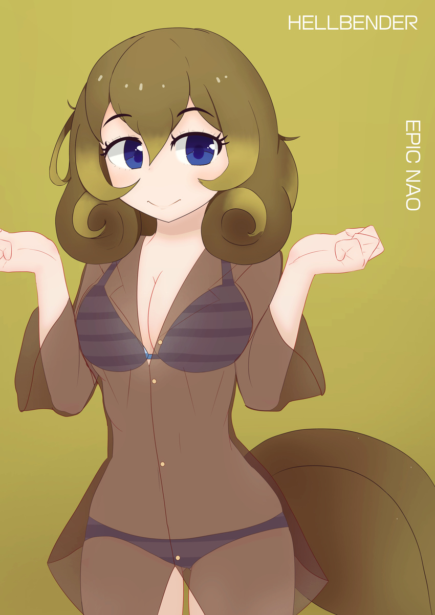 absurdres artist_name bikini bikini_top blonde_hair blue_eyes breasts brown_hair character_name cleavage commentary_request covered_navel curly_hair epic_nao green_background hellbender hellbender_(kemono_friends) highres kemono_friends large_breasts long_hair multicolored_hair outstretched_wrists simple_background solo swimsuit tail two-tone_hair upper_body w_arms