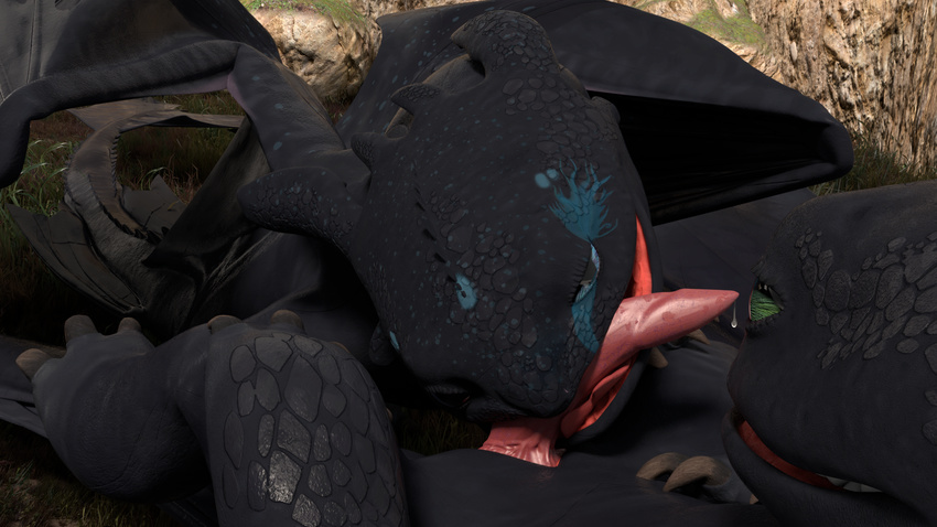 2017 3d_(artwork) absurd_res bedroom_eyes black_scales blender_(software) claws digital_media_(artwork) dragon dreamworks erection female feral grass half-closed_eyes hi_res how_to_train_your_dragon lvl0 male membranous_wings night_fury oral penis scales scalie seductive smile toothless wings