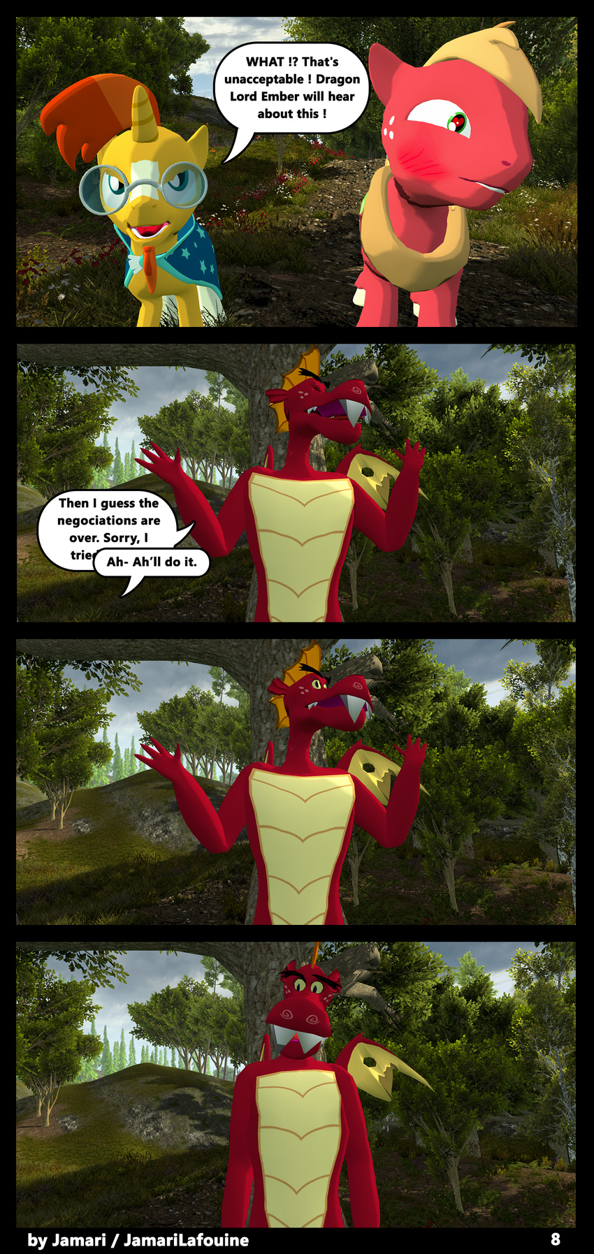 2017 3d_(artwork) anthro big_macintosh_(mlp) clothing comic dialogue digital_media_(artwork) dragon earth_pony equine eyewear forest friendship_is_magic garble_(mlp) glasses hair hi_res horn horse jamari male mammal membranous_wings multicolored_hair my_little_pony outside pony scales scalie sunburst_(mlp) teeth text tree wings