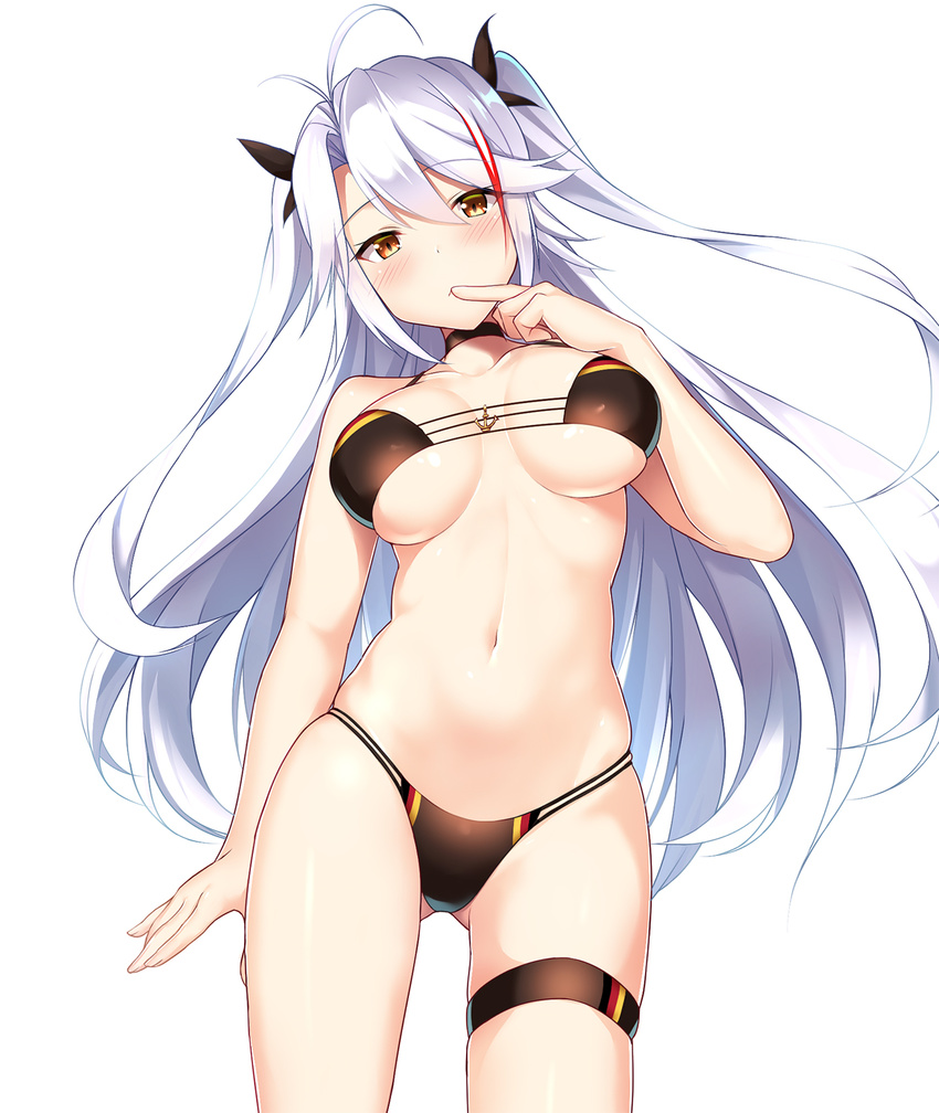 ahoge anchor ass_visible_through_thighs azur_lane bangs bikini black_bikini blush bow breasts brown_eyes closed_mouth cocona collarbone cowboy_shot finger_to_mouth hair_bow hand_up highlights highres index_finger_raised large_breasts legs_apart long_hair looking_at_viewer multicolored_hair navel prinz_eugen_(azur_lane) red_hair sidelocks silver_hair simple_background solo streaked_hair swept_bangs swimsuit thigh_strap thighs two_side_up underboob very_long_hair white_background yellow_eyes