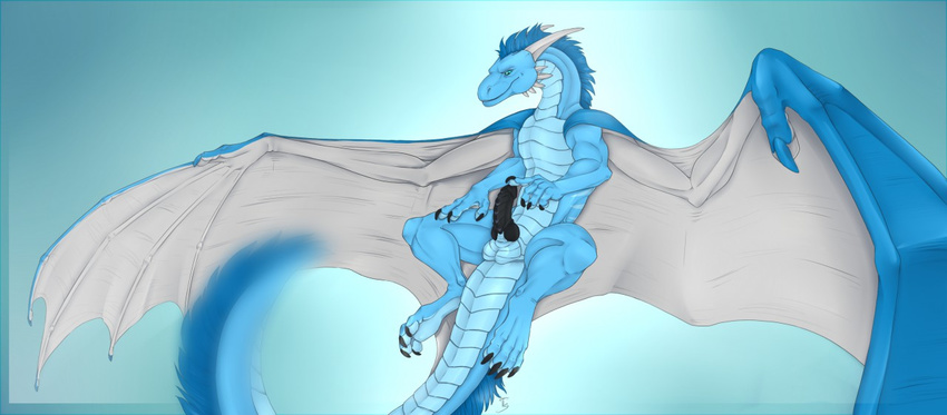 2017 balls blue_eyes blue_hair claws digital_media_(artwork) dragon erection feral fur hair horn knot male mane neverneverland nude penis scales seregir seregir_draike simple_background solo western wings wingspan