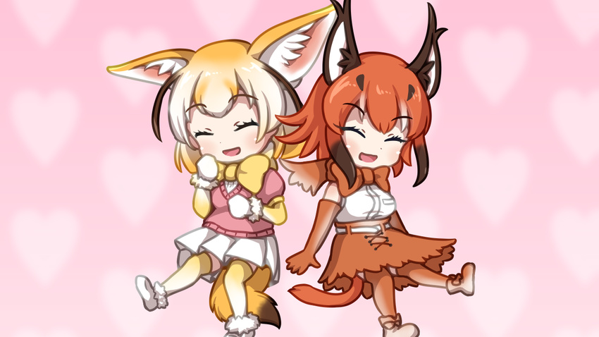 :d ^_^ animal_ears bad_id bad_nicoseiga_id belt blonde_hair bow bowtie brown_gloves brown_hair brown_legwear brown_skirt caracal_(kemono_friends) caracal_ears caracal_tail closed_eyes elbow_gloves eyebrows_visible_through_hair fennec_(kemono_friends) fox_ears fur_trim gloves heart high-waist_skirt kemono_friends multicolored_hair multiple_girls open_mouth parody pink_background pink_sweater pleated_skirt shirt short_sleeve_sweater short_sleeves skirt sleeveless sleeveless_shirt smile sweater tail thighhighs vostok_(vostok061) white_hair white_skirt yellow_neckwear