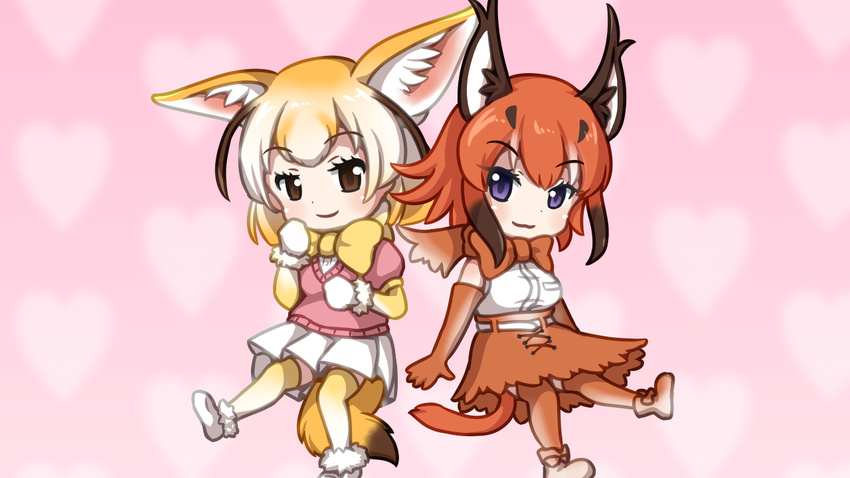 animal_ears bad_id bad_nicoseiga_id belt blonde_hair blue_eyes bow bowtie brown_eyes brown_gloves brown_hair brown_legwear brown_skirt caracal_(kemono_friends) caracal_ears caracal_tail elbow_gloves extra_ears eyebrows_visible_through_hair fennec_(kemono_friends) fox_ears fur_trim gloves heart high-waist_skirt kemono_friends looking_at_viewer multicolored_hair multiple_girls parody pink_background pink_sweater pleated_skirt shirt short_sleeve_sweater short_sleeves skirt sleeveless sleeveless_shirt smile sweater tail thighhighs vostok_(vostok061) white_hair white_skirt yellow_neckwear