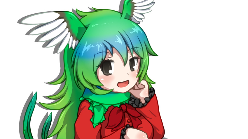 :d bad_id bad_nicoseiga_id black_eyes bow bowtie eyebrows_visible_through_hair frilled_sleeves frills green_hair hand_on_own_chin head_wings kemono_friends long_hair long_sleeves looking_at_viewer open_mouth red_neckwear resplendent_quetzal_(kemono_friends) shadow simple_background smile solo upper_body vostok_(vostok061) white_background