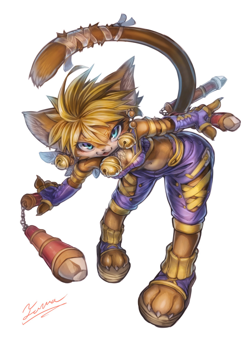 absurdres blonde_hair blue_eyes cat daena furry highres legend_of_mana open_mouth ribbon_tail seiken_densetsu short_hair tamanosuke01