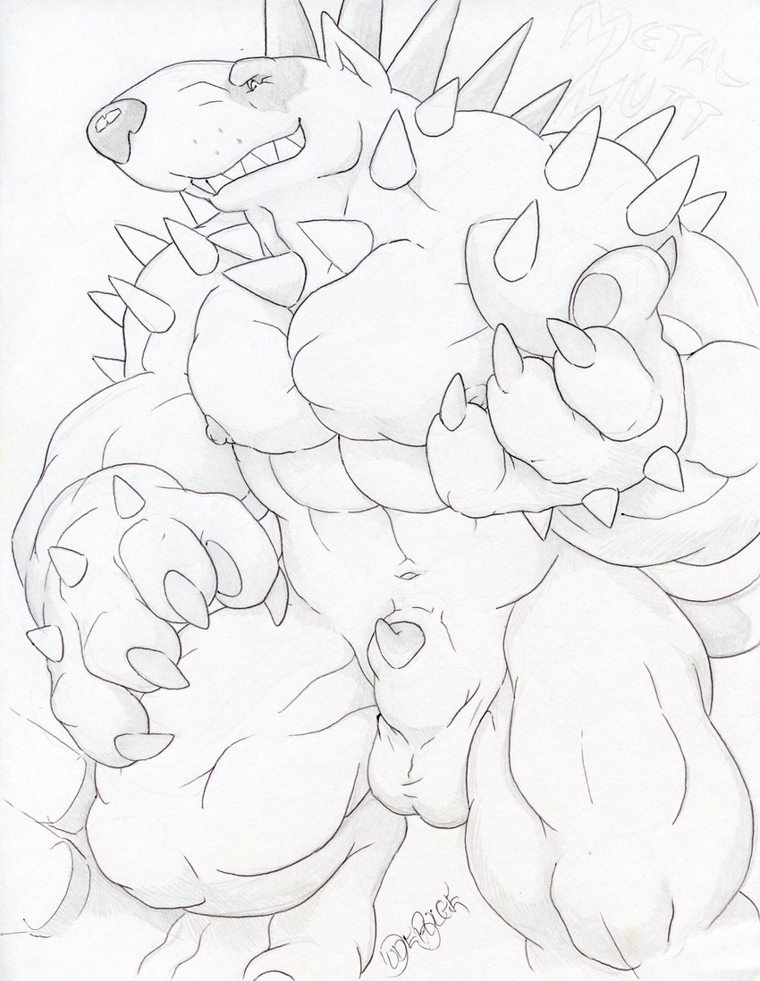 animal_genitalia anthro balls big_muscles canine digitigrade dog dudebulge front_view greyscale hi_res invizimals male mammal monochrome muscular navel nipples nude pecs pencil_(artwork) penis penis_tip sharp_teeth sheath signature smile smirk solo spikes teeth traditional_media_(artwork)