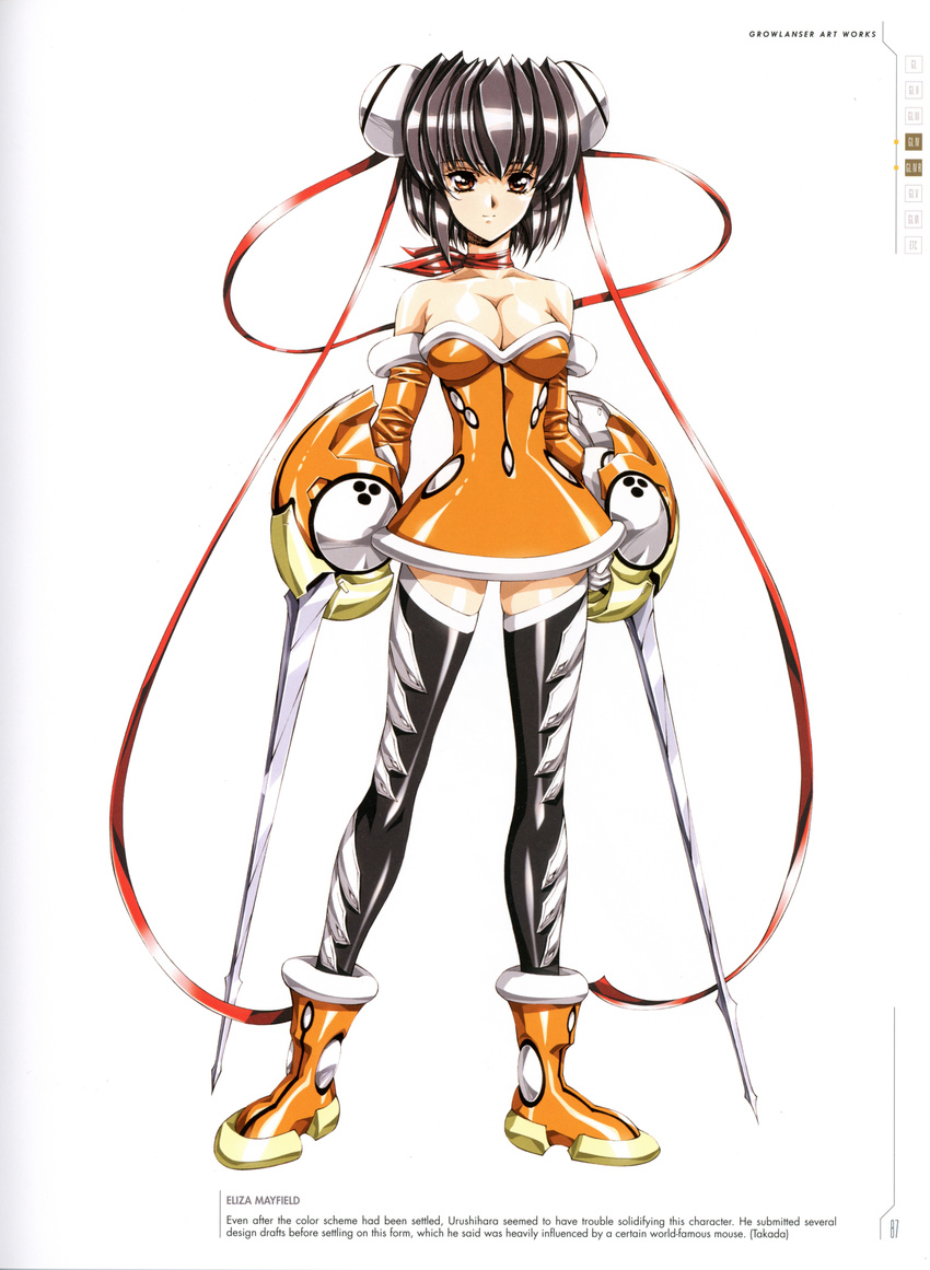 absurdres bare_shoulders black_hair black_legwear boots breasts brown_eyes bun_cover character_name choker cleavage collarbone double_bun dress dual_wielding eliza_mayfield full_body growlanser growlanser_iv highres holding holding_sword holding_weapon large_breasts looking_at_viewer official_art orange_dress red_ribbon ribbon scan scarf shiny shiny_clothes shiny_hair short_dress short_hair skirt smile solo strapless strapless_dress sword thighhighs urushihara_satoshi weapon zettai_ryouiki