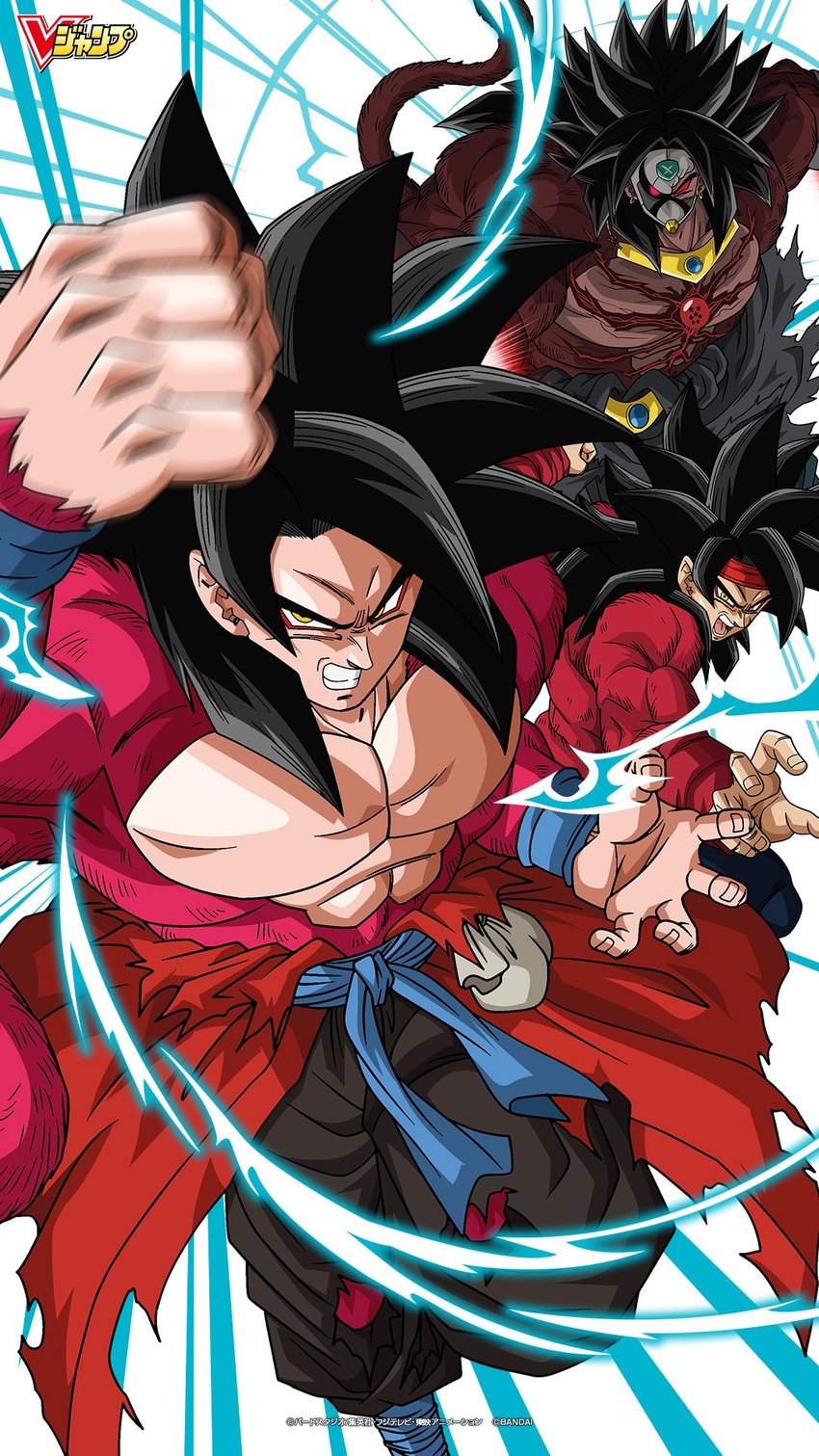 3boys bandai bardock bardock_xeno black_hair broly broly_xeno corruption dragon_ball dragon_ball_heroes energy epic father_and_son long_hair looking_at_viewer male_focus mask multiple_boys muscle official_art punch serious signature son_gokuu son_gokuu_xeno super_saiyan super_saiyan_4 yellow_eyes