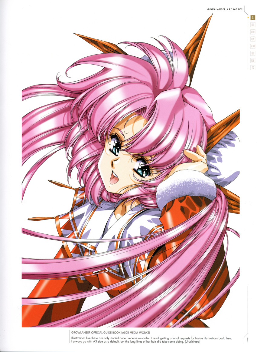 absurdres aqua_eyes bangs eyebrows_visible_through_hair fur_trim growlanser growlanser_i highres long_hair long_sleeves looking_at_viewer louise_fallsmyer official_art open_mouth pink_hair scan simple_background smile solo urushihara_satoshi white_background