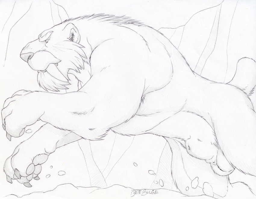animal_genitalia balls dudebulge fangs feline feral fully_sheathed greyscale ice_age leaping male mammal monochrome muscular pencil_(artwork) quadruped saber-toothed_cat sabertooth_(feature) sheath side_view signature solo soto_(ice_age) traditional_media_(artwork)