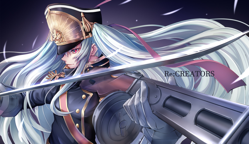 altair_(re:creators) blue_eyes copyright_name epaulettes from_side gloves gun hat highres holding holding_gun holding_sword holding_weapon imo_bouya long_hair military military_uniform multicolored multicolored_eyes ppsh-41 re:creators red_eyes sash shako_cap silver_hair solo submachine_gun sword uniform weapon white_gloves