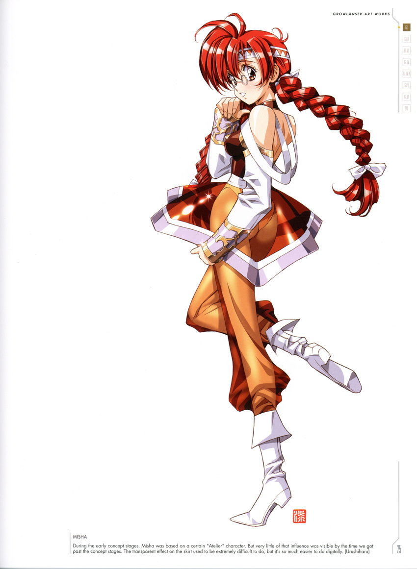 :d absurdres ankle_boots ass asymmetrical_hair bare_shoulders blush boots bow braid brown_eyes detached_sleeves full_body glasses growlanser growlanser_i hair_bow highres leg_up long_hair long_sleeves looking_at_viewer misha_(growlanser) official_art open_mouth orange_eyes orange_hair orange_pants orange_skirt red_hair round_eyewear scan see-through shiny simple_background skirt sleeves_past_wrists smile standing standing_on_one_leg twin_braids twintails urushihara_satoshi white_background white_bow white_footwear