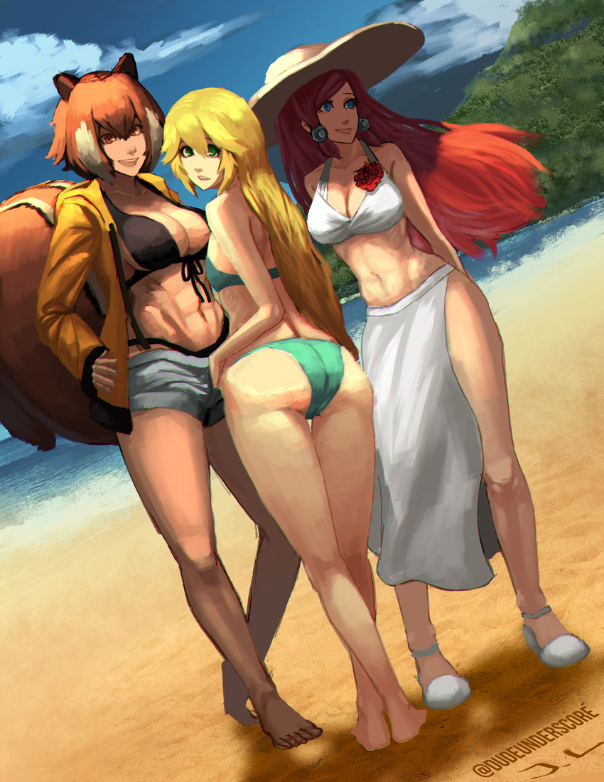 abs absurdres ass barefoot beach bikini black_bikini blazblue blue_eyes breasts brown_eyes brown_hair cleavage commentary day dutch_angle flat_chest flats flower front-tie_bikini front-tie_top green_bikini green_eyes hair_between_eyes hair_tubes hat highres hood hoodie jacky_lau large_breasts looking_at_viewer looking_back makoto_nanaya medium_breasts multiple_girls noel_vermillion ocean open_clothes open_hoodie red_hair sarong short_shorts shorts squirrel_girl sun_hat swimsuit tsubaki_yayoi white_bikini