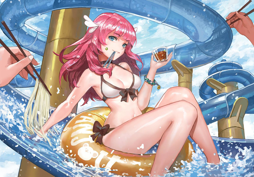 bangs bare_legs bikini black_bow blue_eyes bow bow_bikini breasts chopsticks closed_mouth danann eyebrows_visible_through_hair food front-tie_bikini front-tie_top halter_top halterneck head_wings highres innertube long_hair looking_at_viewer medium_breasts mouth_hold nagashi_soumen navel noodles original out_of_frame pink_hair side-tie_bikini sidelocks solo_focus soumen swimsuit thighs water_slide wavy_hair white_bikini wristband yellow_innertube