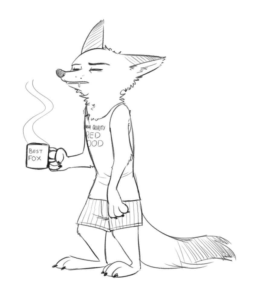 2017 anthro barefoot black_and_white canine claws clothed clothing coffee_mug disney english_text eyes_closed fox fuel_(artist) holding_object male mammal monochrome nick_wilde simple_background solo steam text tired white_background zootopia