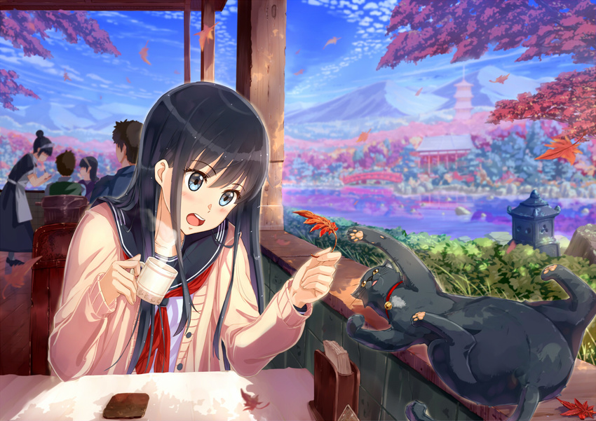 3girls apron autumn_leaves black_hair blue_eyes bridge brown_hair building cafe cardigan cat chair cup forest kazeno maid_headdress mountain multiple_boys multiple_girls nature open_mouth original scenery school_uniform serafuku short_hair sitting solo_focus standing table waitress water