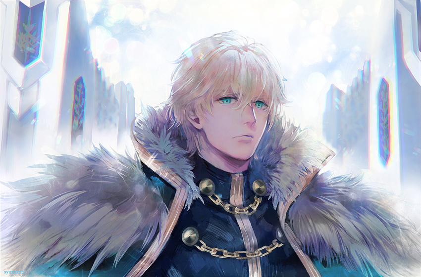 aqua_eyes armor blonde_hair breastplate cape closed_mouth eyebrows_visible_through_hair fate/grand_order fate/prototype fate_(series) fur_collar fur_trim gawain_(fate/extra) gawain_(fate/grand_order) hair_between_eyes looking_at_viewer male_focus outdoors shutsuri solo upper_body