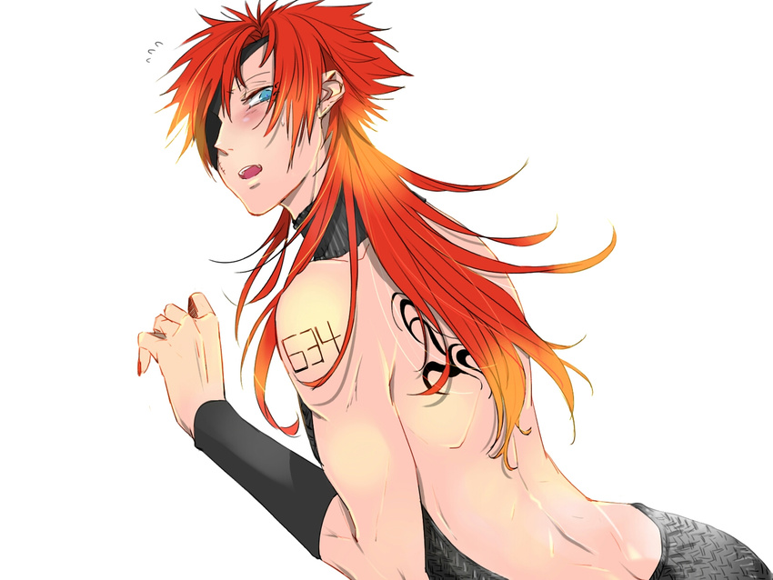 1boy androgynous arm_tattoo ass back back_tattoo blonde_hair blue_eyes blush butt_crack eyepatch from_behind gradient_hair headband long_hair looking_at_viewer looking_back male_focus musashi_(nanbaka) nail_polish nanbaka number_tattoo open_mouth orange_hair scar simple_background solo sweatdrop sweater tattoo two-tone_hair virgin_killer_sweater white_background wristband