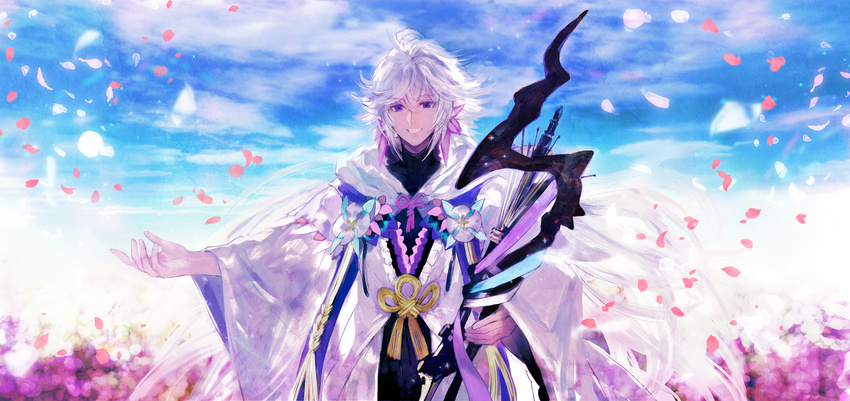 blue_eyes blue_sky cloud cloudy_sky eyebrows_visible_through_hair fate/grand_order fate_(series) hair_between_eyes highres holding holding_staff long_hair looking_at_viewer male_focus merlin_(fate) outdoors parted_lips petals robe shutsuri silver_hair sky smile solo staff very_long_hair