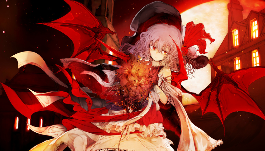 bare_shoulders bat_wings black_hat bonnet bouquet commentary_request dress flower full_moon hair_between_eyes hat hat_flower hat_ribbon highres lavender_hair light_particles moon outdoors red_eyes red_flower red_ribbon red_rose remilia_scarlet ribbon rose scarlet_devil_mansion solo touhou window wings yoshioka_yoshiko