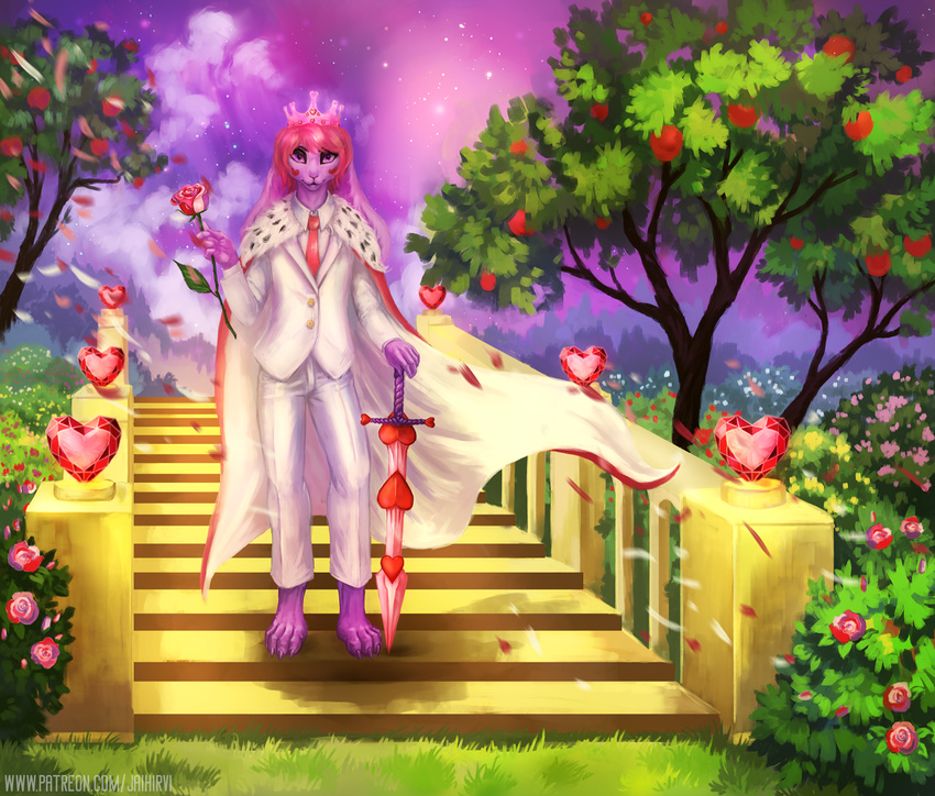 ambiguous_gender clothed clothing detailed_background flower garden jaihirvi jaizub lagomorph landscape mammal plant rabbit rose scenery smile solo tree weapon