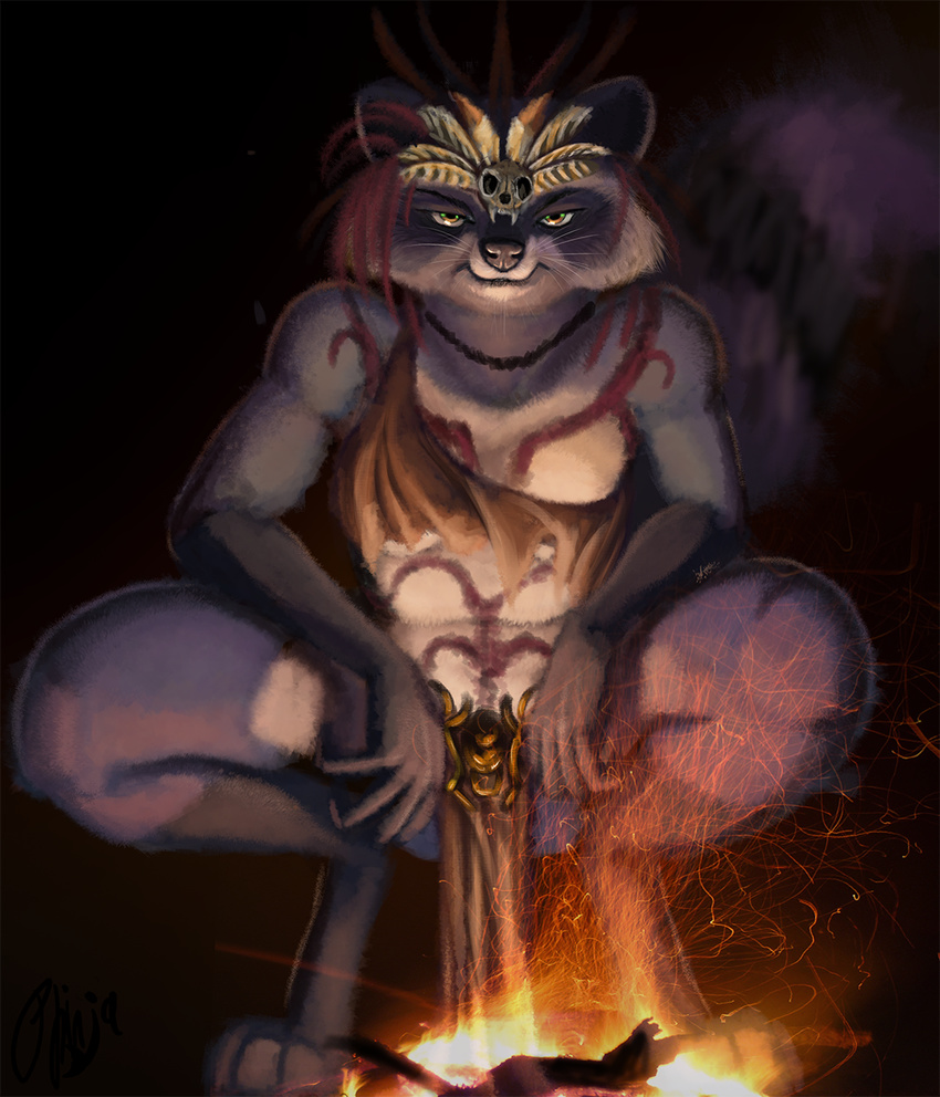 2017 anthro black_nose brown_eyes canine claws clothed clothing crouching digital_media_(artwork) dolphinwarrior fire fur grey_fur headdress loincloth looking_at_viewer male mammal markings procyonid raccoon simple_background smile solo