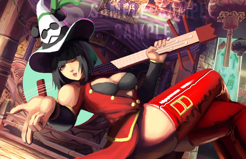 ;3 adapted_costume arc_system_works arcade_stick bangs bare_shoulders bass_guitar black_bra blazblue blown_kiss blunt_bangs bob_cut boots bra breasts cleavage commentary commission company_connection controller cosplay crossed_legs detached_sleeves dress eyelashes floating game_controller guilty_gear hat highres i-no instrument jacky_lau joystick lao_jiu lips lipstick litchi_faye_ling litchi_faye_ling_(cosplay) makeup red_eyes red_footwear revision salute short_dress short_hair solo thigh_boots thighhighs thighs two-finger_salute unbuttoned underwear witch_hat
