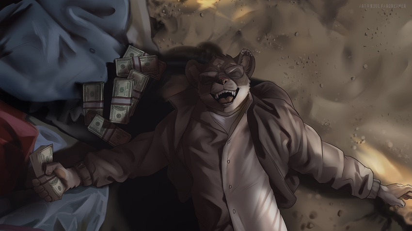 2017 5_fingers anthro badger claws clothed clothing detailed_background digital_media_(artwork) eyes_closed fangs fek koul lying male mammal money mustelid on_back open_mouth smile solo teeth tongue
