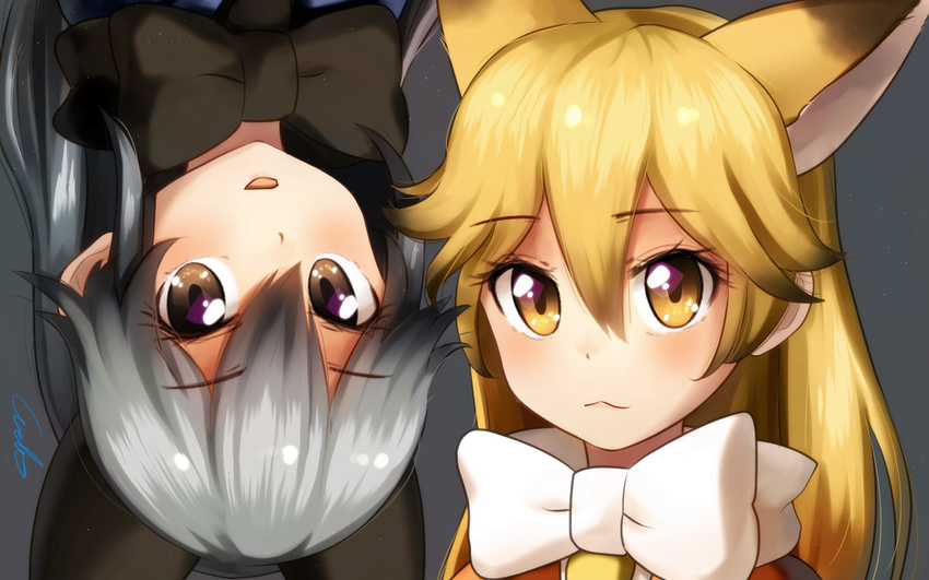 :3 animal_ears black_neckwear blonde_hair bow bowtie brown_eyes commentary extra_ears eyebrows_visible_through_hair ezo_red_fox_(kemono_friends) fox_ears grey_background grey_hair hair_between_eyes kemono_friends long_hair looking_at_viewer multiple_girls open_mouth signature silver_fox_(kemono_friends) simple_background welt_(kinsei_koutenkyoku) white_neckwear yellow_eyes