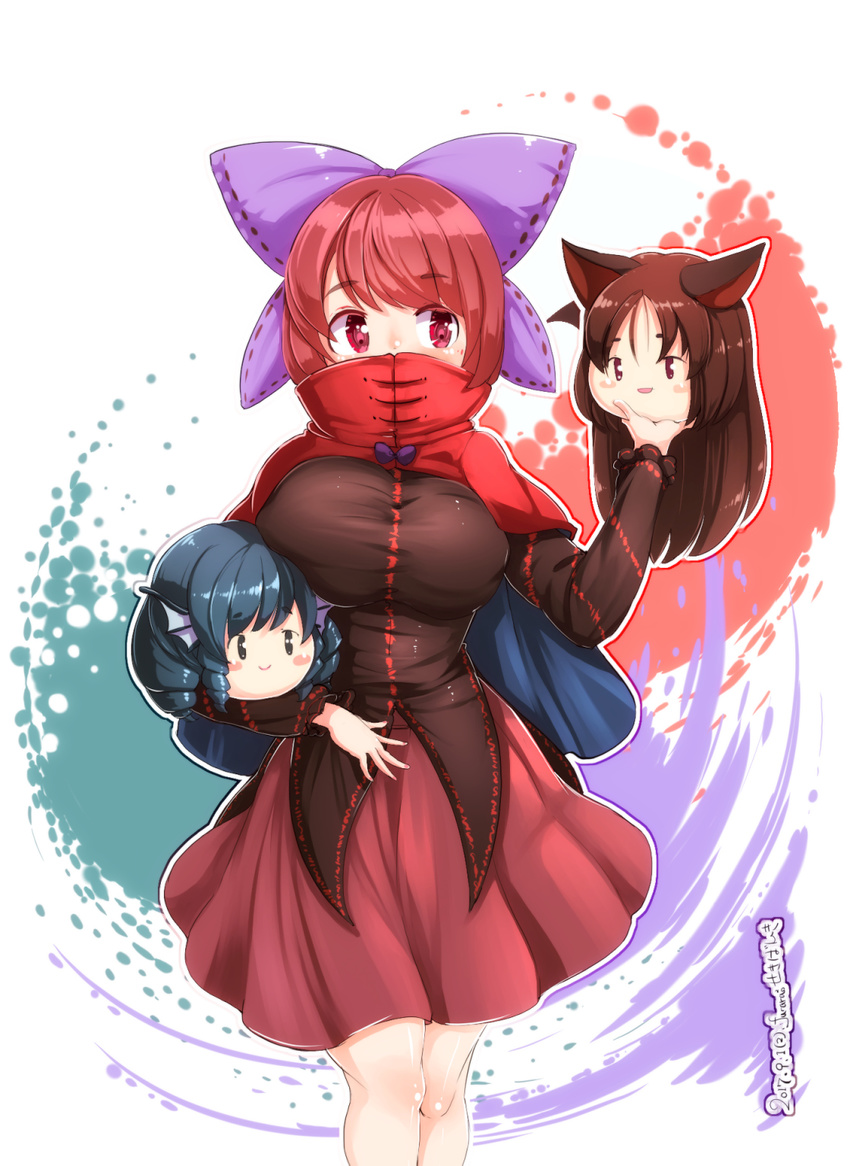 animal_ears bangs blue_eyes blue_hair blush blush_stickers bow breasts brown_hair carrying colored_eyelashes covered_mouth dated drill_hair eyebrows_visible_through_hair furim grass_root_youkai_network hair_bow head_fins highres holding imaizumi_kagerou lavender_background long_hair long_sleeves looking_at_viewer medium_breasts multicolored multicolored_background red_background red_cloak red_eyes red_hair red_skirt sekibanki shiny shiny_clothes shiny_hair shiny_skin skirt solo swept_bangs teal_background touhou wakasagihime white_background wolf_ears yukkuri_shiteitte_ne