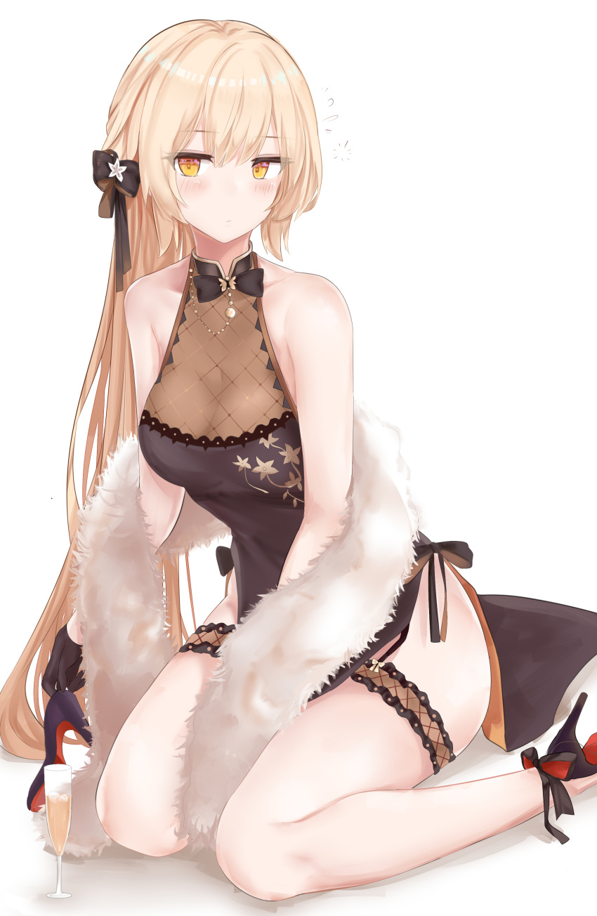 1girl absurdres bare_shoulders beads black_dress black_footwear black_ribbon blonde_hair blush bow bowtie breasts champagne_flute china_dress chinese_clothes cleavage closed_mouth collarbone commentary_request cup dress drink drinking_glass feather_boa flying_sweatdrops girls_frontline hair_ribbon high_heels highres leg_garter long_hair looking_at_viewer ots-14_(girls_frontline) pelvic_curtain ribbon ru_zhai side_slit sidelocks sitting sleeveless sleeveless_dress small_breasts solo thighs very_long_hair wariza yellow_eyes