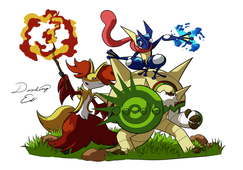 2_toes 3_fingers 3_toes ambiguous_gender amphibian anthro armor barefoot beige_skin blue_skin canine cel_shading chesnaught cream_tail crouching delphox doodlinged fire fluffy fluffy_tail fur grass green_skin green_tail greninja group half-closed_eyes hedgehog hi_res holding_object holding_weapon inner_ear_fluff knight long_tongue looking_away magic_user mammal multicolored_fur multicolored_tail ninja nintendo open_mouth pink_tongue pok&eacute;mon pok&eacute;mon_(species) ranged_weapon red_eyes red_fur red_nose rock shield shuriken signature simple_background size_difference spikes standing toes tongue tongue_out video_games water weapon webbed_feet webbed_hands white_background white_fur white_skin yellow_fur yellow_tail