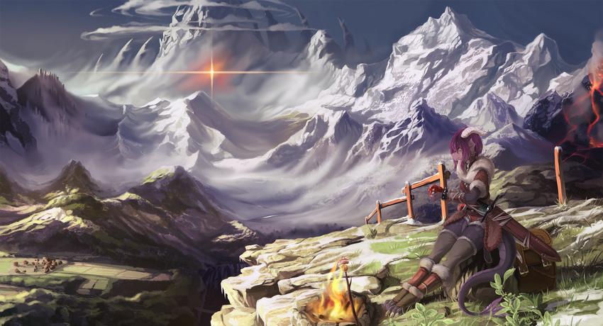 amazing_background anthro clothed clothing day detailed_background digital_media_(artwork) digitigrade dragon fantasy female fire fruitbloodmilkshake fully_clothed grass hair horn melee_weapon mountain outside purple_hair scabbard sky solo sword weapon